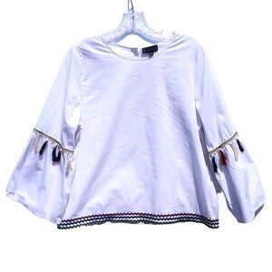 Bobeau Women's Shirt Medium White Boho Bell Sleeve Multicolored Tassels & Trim